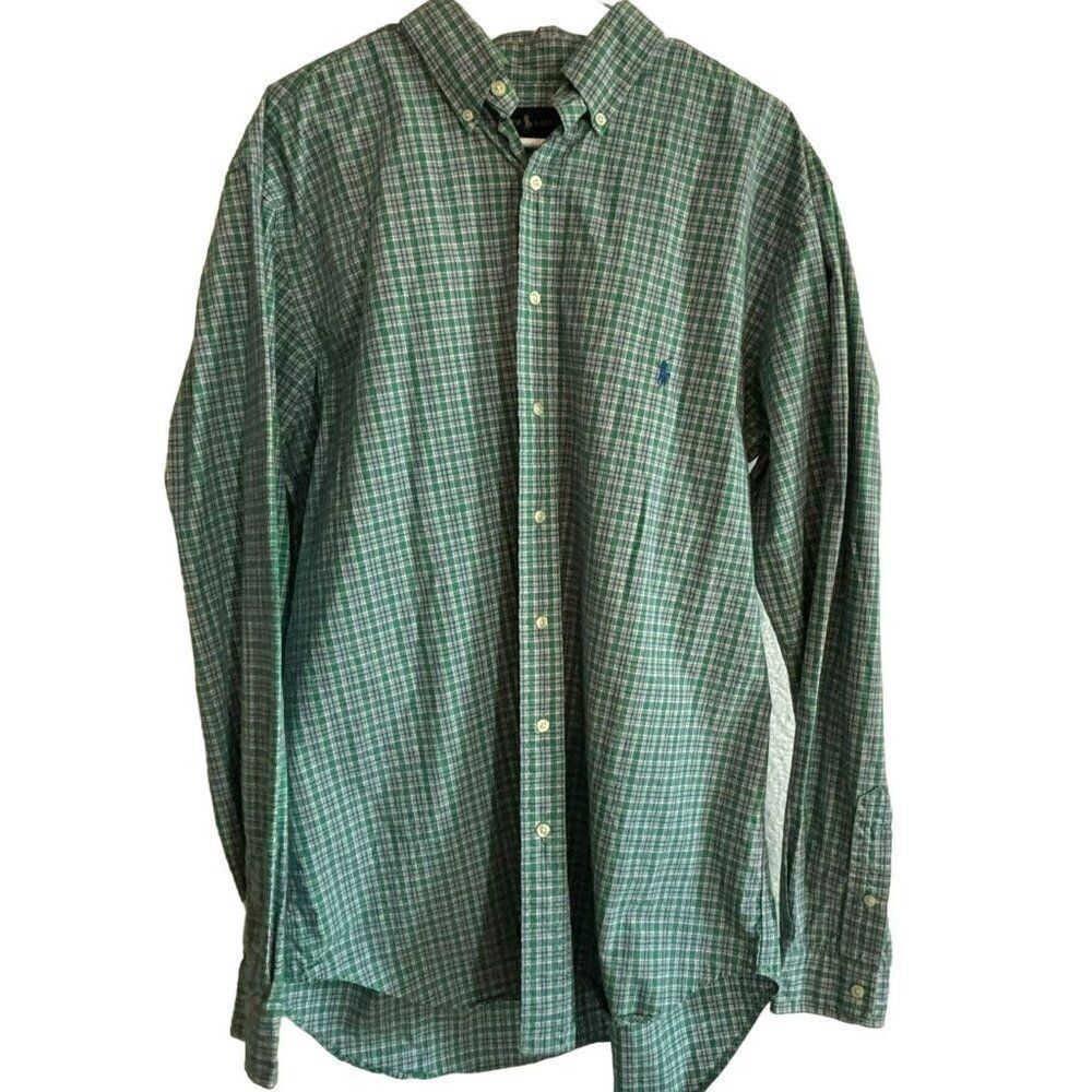 Ralph Lauren Shirt Men Large Tall Green Plaid Button Down Cotton Dress Shirt